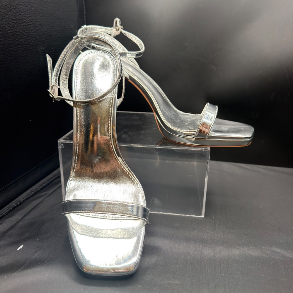 Elisabet Tang Womens Silver Metallic Square Toe Stiletto Ankle Strap Heels 11